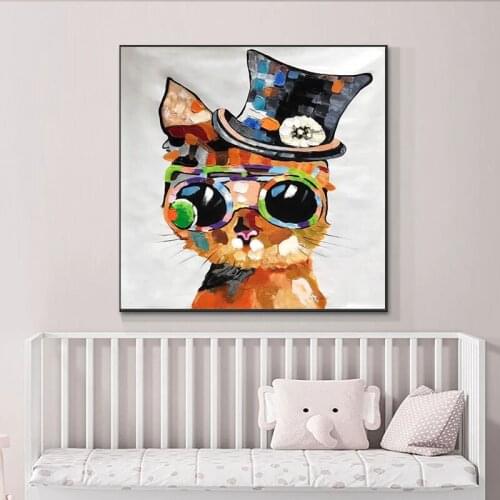 100%Hand Painted Oil Painting On Canvas Cartoon Miss Cat Modern Home Decor Abstract Wall Art Picture For Kid Room Gift
