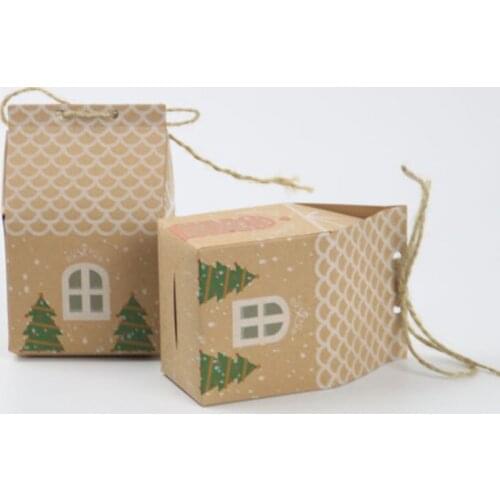 50pcs House Shape Christmas Candy Gift Bags With Ropes Xmas Tree Cookie Bags Merry Christmas Guests Boxes Xmas Party Supplies