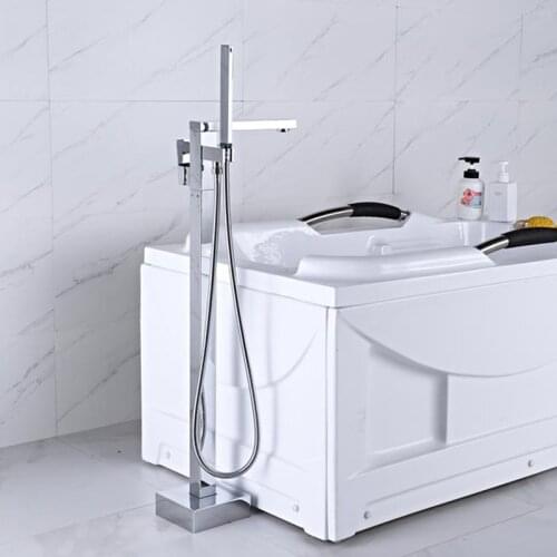 Azeta Modern Square Floor Standing Bathtub Faucet With Hand Shower Bathroom Chrome Brass Freestanding Bath Tub Shower Set AT2213