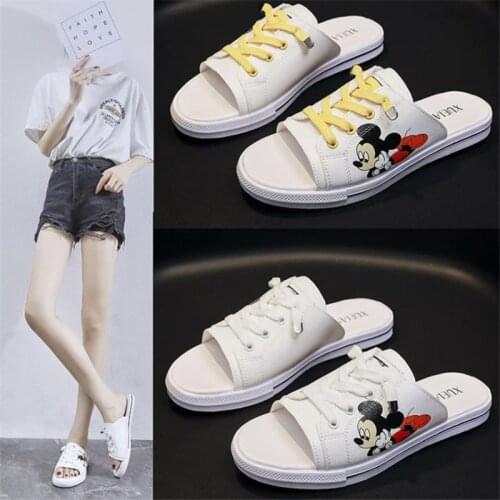 Disney Sandals women wear 2021 new word slippers mickey cartoon fish mouth with half drag flat beach shoes