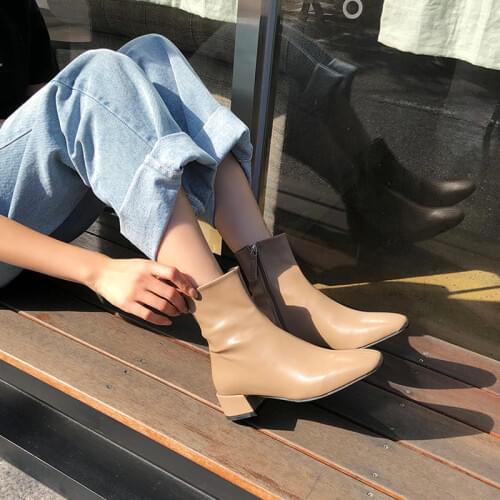 Ladies Leather Ankle Boots Square Head Thick Heel High Heel Ankle Boots Autumn and Winter Apricot Black Size 33-42