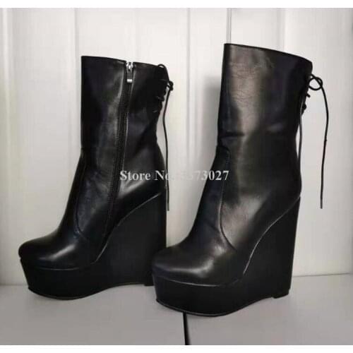 New Black Leather Platform Wedge Ankle Boots Women Sexy Back Lace-up Zipper Short Boots Lady Real Photos Dress Party Shoes