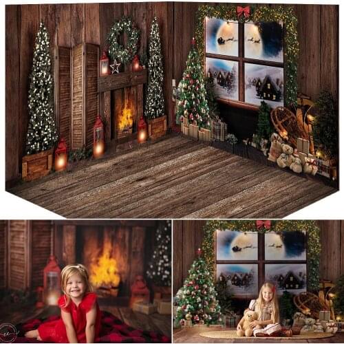 Christmas Room Background Decor Fireplace Window Winter Birthday Portrait Backdrop Photo Studio Christmas Trees Gifts Photocall