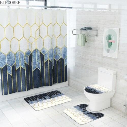 Geometric Marble Shower Curtain Hexagons Fabric Bathroom Curtains Bath Mats Rugs Flannel Toilet Seat Cover Mat Anti-slip Carpet