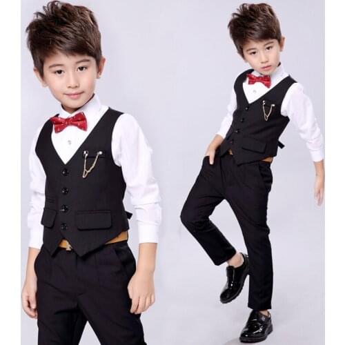 Formal Childrens Dresses Sets Flower Boys Wedding Party Students Choir Host Costumes, Kids Vest Pants Shirt Outfits