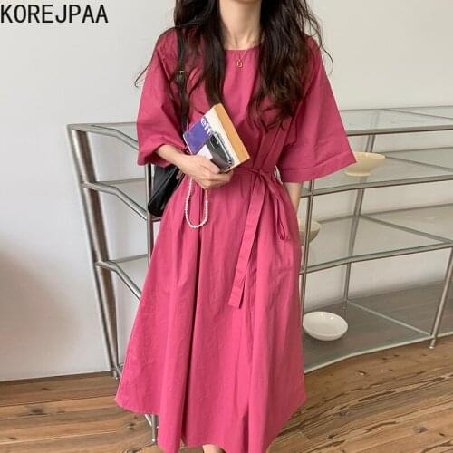 Korejpaa Women Dress 2021 Summer Korean Chic Ladies Gentle Rose Red Round Neck Loose Tie Waist Short Sleeve Large Swing Vestido