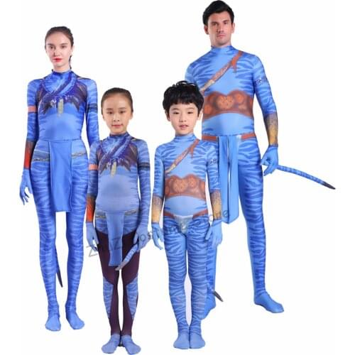 Movie Avatar 2 The Way of Water Neytiri Jake Sully Cosplay Costume Adult Kids Bodysuit Tail Suit Jumpsuit Halloween Costume