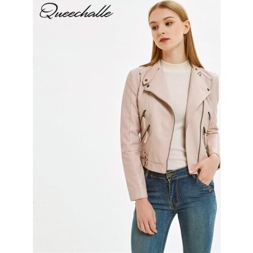 Queechalle 2020 Spring Autumn PU Leather Jacket Faux Soft Leather Coat Female Slim Zipper Motorcycle Jacket Pink Black White