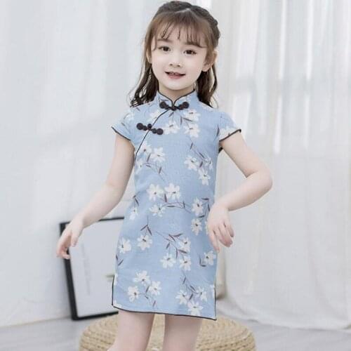 Summer Dress Girl Baby Toddler Cotton Linen Floral Print Short Sleeve A-Line Dress Kids Dresses For Girl Children Clothes JW5420