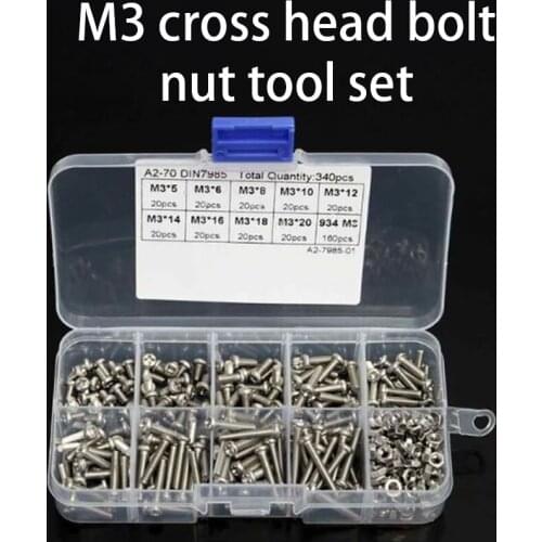 340 pieces of box type M3 cross head bolt nut 304 stainless steel cover screw set fastener supporting tool set