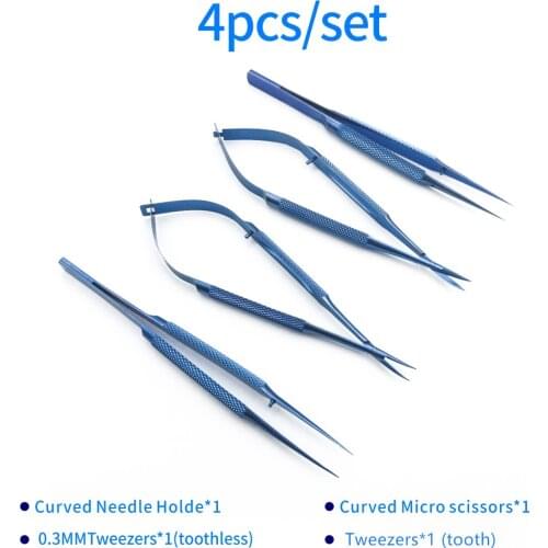 14cm Titanium microsurgical instruments Kit Curved scissors Curved needle holder forceps 4pcs/set