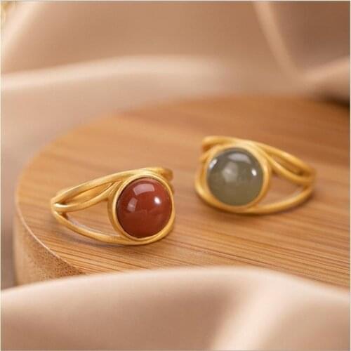 New Silver Natural Southern Red Agate Female Model Hetian Sapphire Irregular Hollow Opening Adjustable Ring
