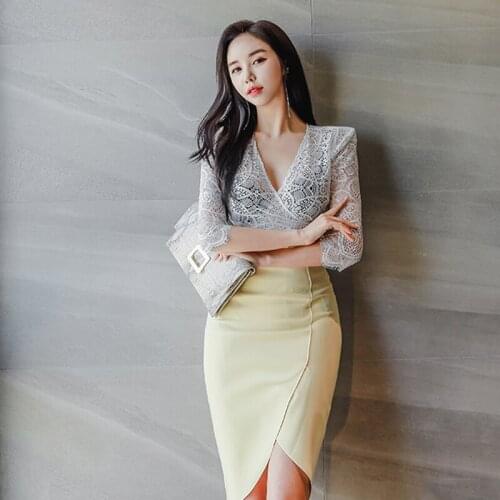 New arrival fashion set for woman summer elegant slim lace perspective v-neck shirt and slim pencil skirt elegant two piece set