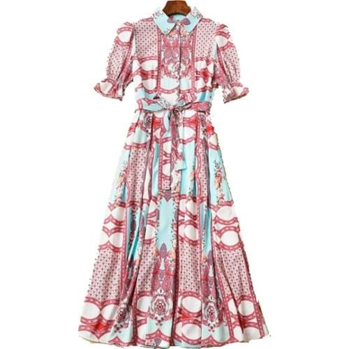 New 2021 summer light luxury celebrity style printed lapel short-sleeved lace-up slim long dress