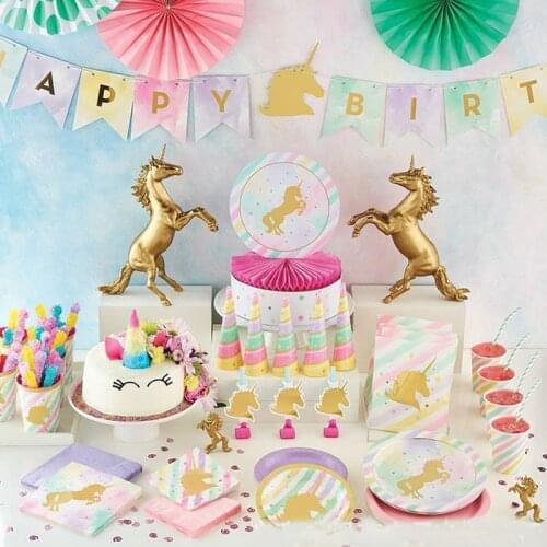 Unicorn Striped Party Disposable Paper Plate Cups Napkins Card Snack Gift Bags Banner Baby Shower Gender Reveal Baptism Party