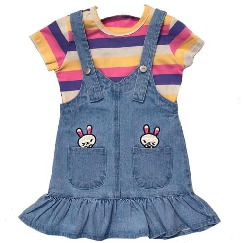 2-6T Summer Fashion Baby Girls Clothes Toddler Kids Girls Clothing Set Rainbow Color Short Sleeve T Shirt and Denim Straps Dress