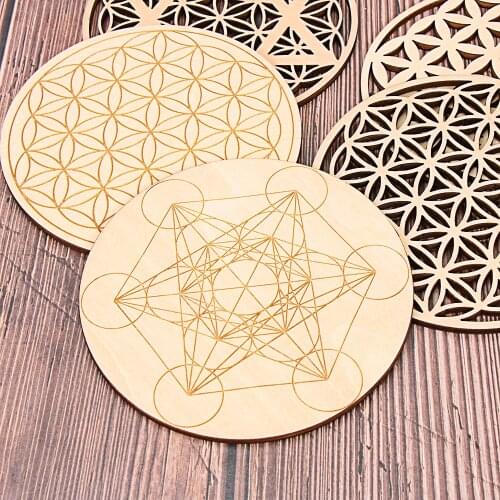 Natural Chakra Flower of life Natural Symbol Wood Round Edge Circles Carved Coaster For Stone Crystal Set Home Kitchen DIY Decor