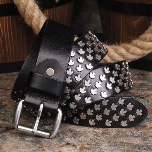 Punk style designer new maple leaf rivet belt leather personality brand belt men and women leather rivet pin buckle punk belt