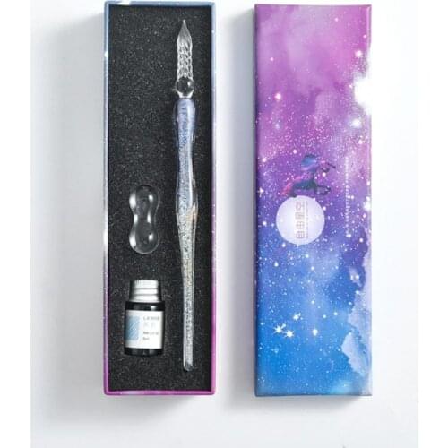 Crystal Glass Pen Starry Sky Unicorn Dip Pen Glitter Powder Fountain Pen 4 Colors Ink Gift Box Set Writing Supplies