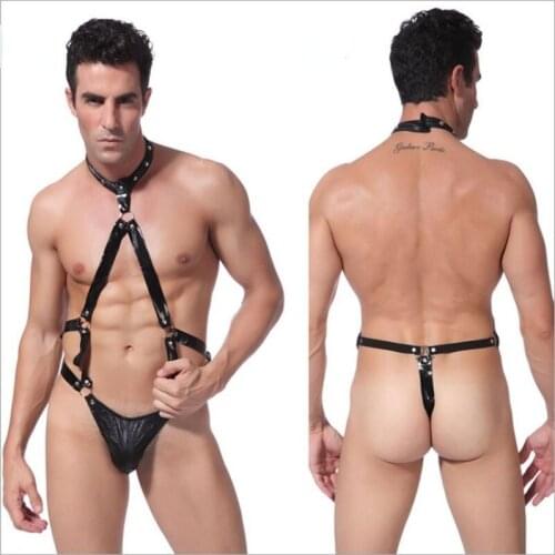 Sexy Lingerie Bodysuit Mens Leather Thong Erotic Lingerie Jumpsuit Bar Bandage Sexy Underwear Latex Bodysuits Porn Body Teddies