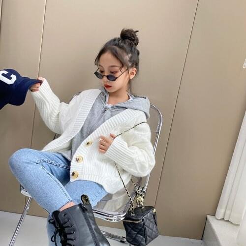 Baby Girls Fake Two-piece Sweater Knit Sweater Coat 2021 Autumn New Childrens Stitching Hooded Cardigan Short Top Kids Clothes