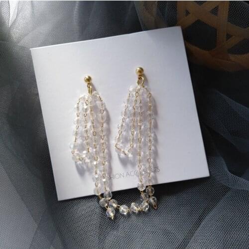 Temperament Crystal Long Clip on Earrings Korean Style transparent Crystal Tassel Clip on Earrings No Piercing for Women 2020