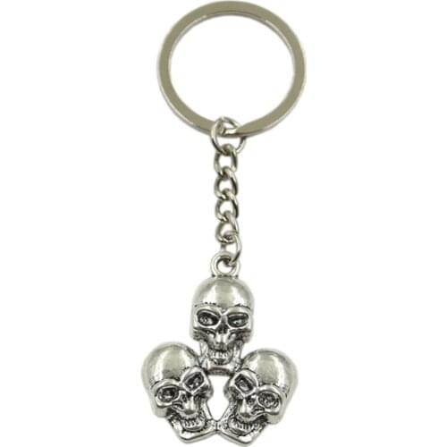 Factory Price Three Skull Skeleton Head Pendant Key Ring Metal Chain Silver Color Men Car Gift Souvenirs Keychain Dropshipping
