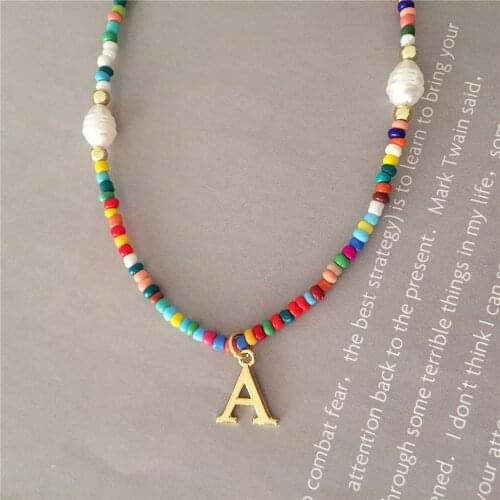 Hot Summer Colorful Multi Bead Strand Pearl A Letter Charm Necklace For Women Girl Decoration Casual Party Pretty Lovely Jewelry