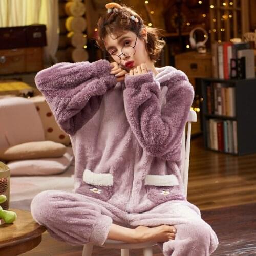 Women Sleepwear Winter Pajamas Cartoon Hooded Coral Velvet Nightgown Plush Plus Size Flannel Nighty Add Fleece Fashion Home Wear