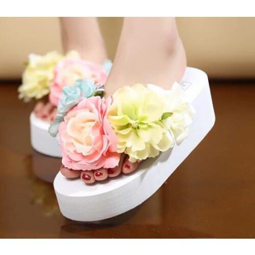 Hand ROSE flower EVA outsole Bohemia high heel flower slippers women white wedding beach sandals