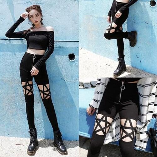 Women High Waist Pants Hollow Out Pentagram Pencil Pants Black Pants Pantalones Mujer Slim Casual Female Stretch Trousers