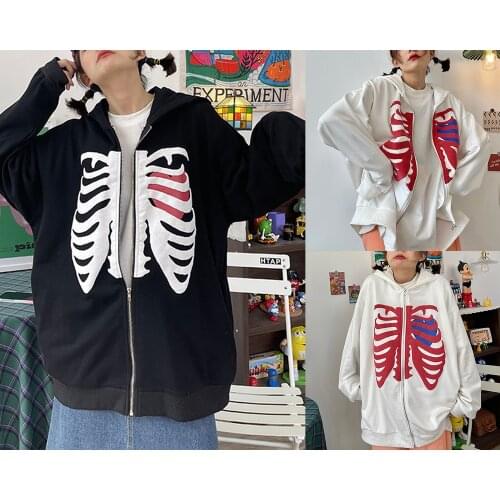 Womens Full Zip Korean Hoodies, Long Sleeve Heart Skeleton Print Loose Hooded Sweatshirts Ladies