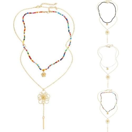2020 New Women Pendant Necklace Fashion Flower Necklace Beaded Necklace for Women Vintage Multi Layer Jewelry Collar