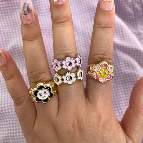 Punk Vintage Colorful Bagua Yin Yang Enamel Flower Rings for Women Cute Girls Smiley Face Finger Ring Y2K Jewelry Party Gifts