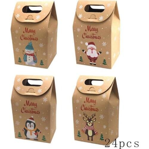 12/24pcs Christmas Candy Box Snowflake Kraft Paper Bag Cartoon Food Cookie Packaging Gift Favor Box Merry Christmas Party Decor