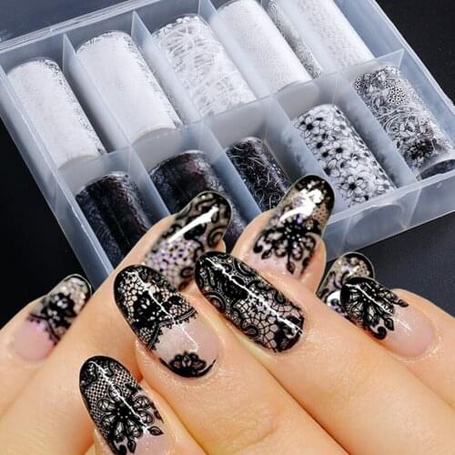4*100cm/Roll Sexy Lace Nail Foils Black White Flower Starry Sky Paper Wedding Adhesive Wraps Decal Manicure Accessories SAXKH-78
