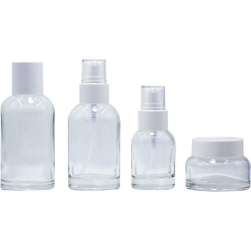 40ML 100ML 120ML Clear Glass Spray Lotion Pump Toner Bottles 50G Cream Jar White Lid Empty Cosmetic Packaging Filling Containers