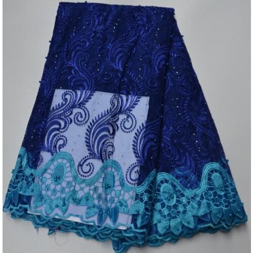 5yards/pc) royal blue African French net lace fabric with beads and embroidery tulle lace with borders for party dress FLP238