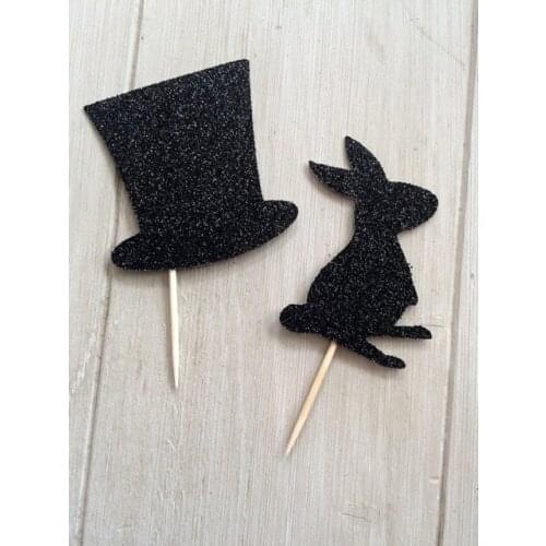 Glitter Magic Magician Cupcake Toppers, Magic Hat, Magician Rabbit wedding Party Decorations24pcs