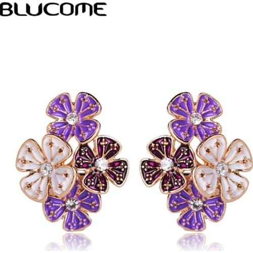 Blucome Fashion Style Purple Flower Stud Earrings Alloy Enamel Crystal Womens Wedding Banquet Party Accessories Exquisite Gifts