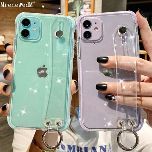Luxury Glitter Wrist Strap Holder Phone Case For iPhone 11 12 Pro Xr Xs Max 12 Mini SE2 7 8 Plus Transparent Silicone Ring Cover