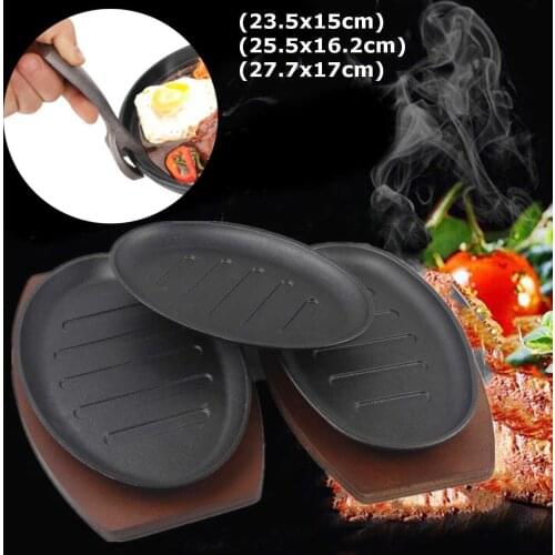 Cast Iron Steak Fajita Sizzling Platter Plate BBQ Grill Pan Cooking Wooden Holder