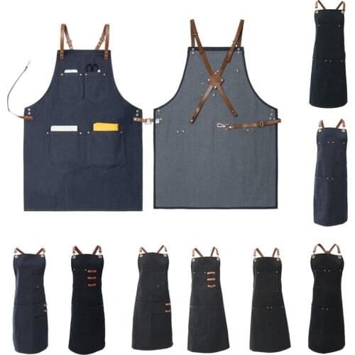 Multi Pockets Denim Bib Apron Barista Baker Bartender Chef Work Uniform Cook