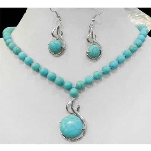 Elegant Blue Turquoise Gemstone Pendant Necklace Earring Jewelry Sets AA YL67