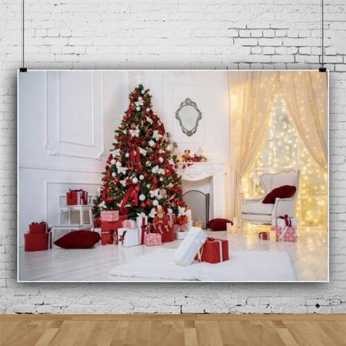 Laeacco Merry Christmas Tree French Windows Interior Scene White Wall Family Photocall Photo Background Photographic Backdrops