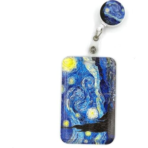 Van gogh Oil Painting Starry Sky Cute Card Cover Clip Lanyard Retractable Student Nurse Badge Reel Clips Cartoon ID Cards Badge