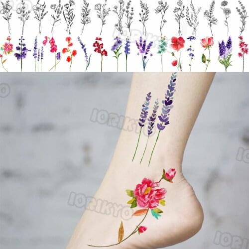 Colorful Lavender Flower Temporary Tattoos For Women Girls Realistic Thorns Fake Tattoo Sticker Leg Arm Tatoos Hot Sale Creative