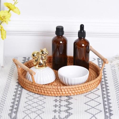 Round Storage Tray Bread Basket Rattan Woven Snack Fruit Storage Plate Hotel Essential Oil Tray With Handle Household Organizor