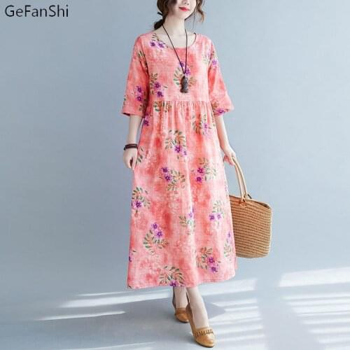 Summer Womens Dress Floral Print Casual Loose O-neck Half Sleeve Cotton Linen Dress Fashion Elegant Beach Dresses Clothing
