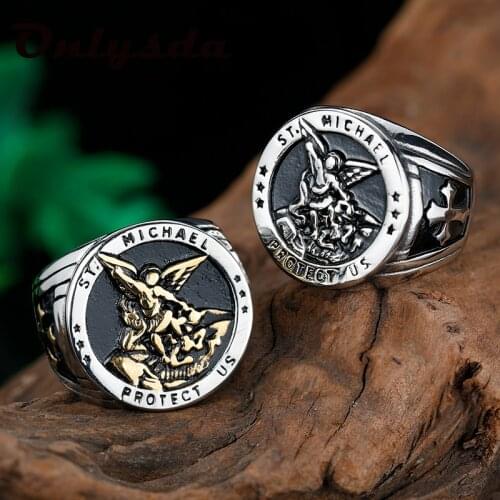 316L Stainless Steel St-Michael Men Rings Good Lucky Talisman Religious Aesthetic Biker Ring for Men Boy Fashion Jewelry Anel